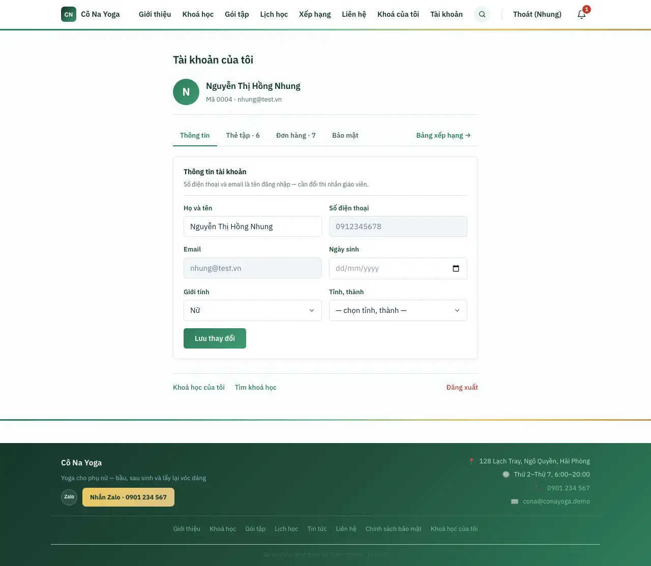 Màn Tài khoản trên máy tính: tab Thông tin mở sẵn, ô Số điện thoại và Email xám